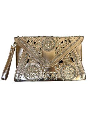 Bebe Metallic Bronze Rhinestone Crystal Studded Bling Clutch Large Wristlet Bag